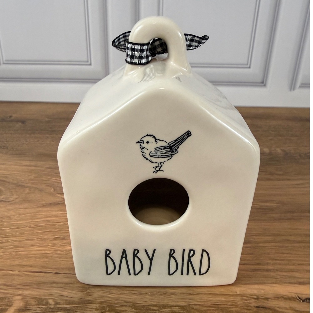 Rae Dunn White BABY BIRD Square Mini Bird House Luminary Magenta Black Gingham